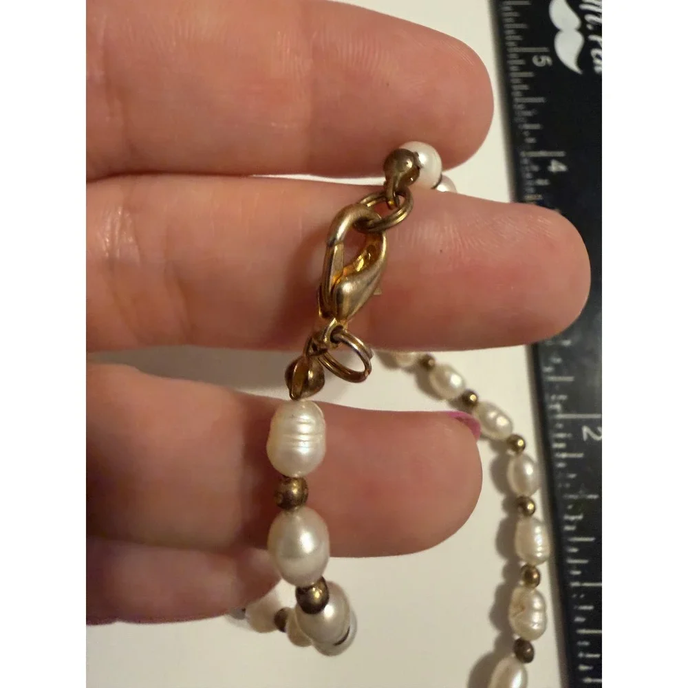 Freshwater Rice Pearl Necklace Gold Tone Spacer Beads White 16 Inch Choker